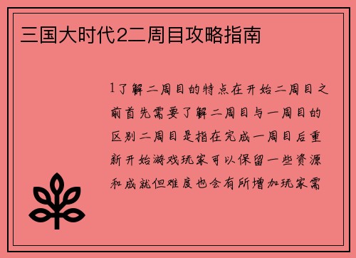 三国大时代2二周目攻略指南