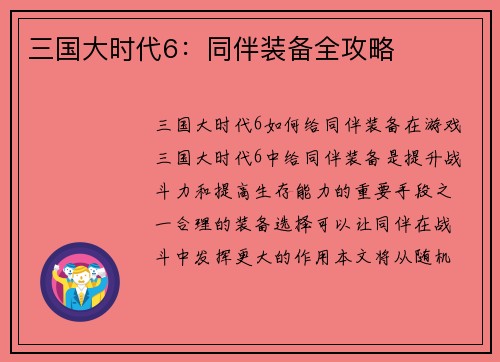 三国大时代6：同伴装备全攻略